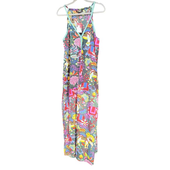 America & Beyond Elephant Floral Print Maxi Dress V-Neck Turquoise Trim Large Nw - Picture 2 of 4